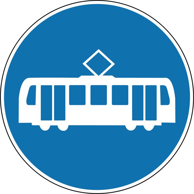 Tram sign. Mandatory sign. Round blue sign. The sign allows the movement of only public tram. Tram line and stop. Road sign.